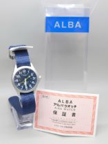 An Alba by Seiko Water Resistant military style wristwatch, (as new, with packaging)