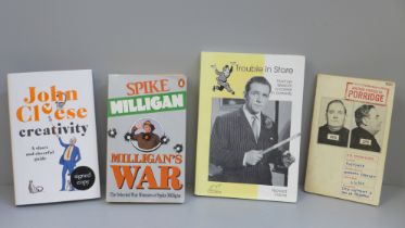 Autographed comedy books, Ronnie Barker, John Cleese, Norman Wisdom and Spike Milligan (4)