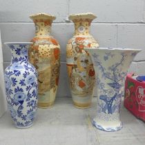 A pair of Japanese vases, blue and white vase decorated with chrysanthemums and a Booths Pompadour