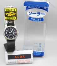 An Alba Solar by Seiko Water Resistant military style wristwatch, (as new, with packaging)