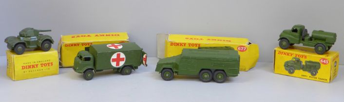 Dinky Toys military vehicles; 677 Armoured Command Vehicle, 626 Military Ambulance, 643 Army Water