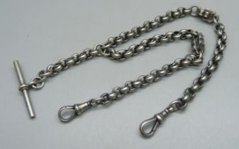 A late Victorian white metal fancy link Albert watch chain, T-bar with makers mark JS, Joseph