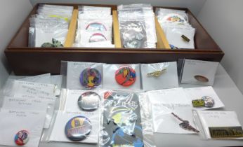 A collection of over 80 vintage and later pin badges, Batman, James Bond and Discworld, sorted and
