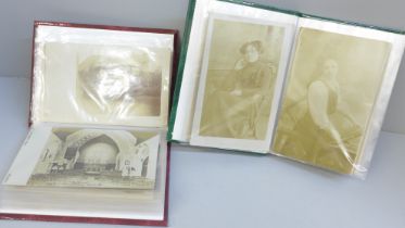 Two small albums of real photographic postcards, one places, one people, 72 cards in total