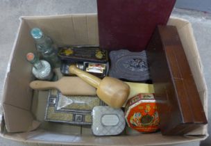 A collection of tins, two bottles, one Skinner and Rook filled with pills, wooden box, etc. **PLEASE