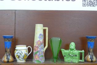 A pair of Clews & Co. Chameleon Ware Art Deco vases, a green glass vase, a Lingard Pottery novelty