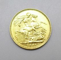 A Victoria 1891 gold full sovereign, long tail