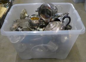 A box of plated ware, tea service, several trays, candelabra, mugs, condiment stands, etc. **