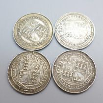 Four Victorian Jubilee head shillings; 1887 x3 and 1888