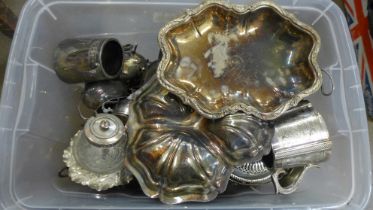 A box of plated ware, mainly part tea services, dishes and pots **PLEASE NOTE THIS LOT IS NOT