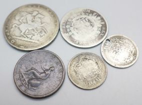 Five George III coins; an 1819 crown, a 1799 shilling, an 1819 and 1817 silver shilling and a 1816