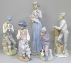 Two Lladro figures, Thursday's Child and Jazz Sax, (missing saxophone), a Nao figure and two