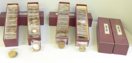 Four boxes of ½p and 1p coins, sorted and dated, 1862-1967 (½p), 1908-1962 (1p)