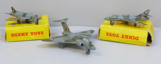 Dinky Toys, 736 Hawker Hunter and 734 Supermarine Swift, boxed and a Gloster Javelin