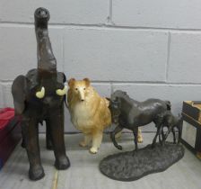 A resin sculpture of two horses, a/f, a model of an African elephant and a model of a dog **PLEASE