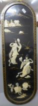 A chinoiserie ebonised panel overlaid with mother of pearl, 91cm
