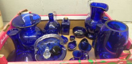 A collection of Bristol blue glass, large heavy jug and vase, basket, decanters, etc. **PLEASE
