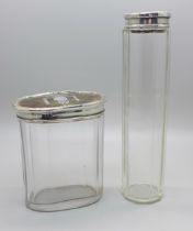 Two silver and tortoiseshell topped glass jars