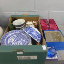 A box of mixed china including Copeland Spode Italian blue and white bowl, Wedgwood Jasper vases,