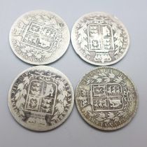 Four Victorian bun head half-crowns, 1874, 1881 x2 and 1885