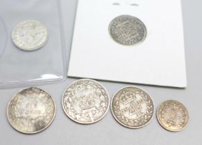 Six silver coins, including 1878 2d and 1905 4d