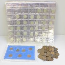 A bag of approximately 90 farthings and a bronze farthing coin set, a collection of empty coin pages