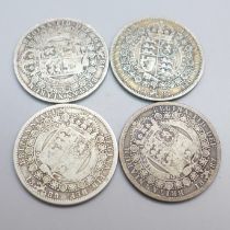 Four Victorian Jubilee head half-crowns, 1887 x2, 1888 and 1889