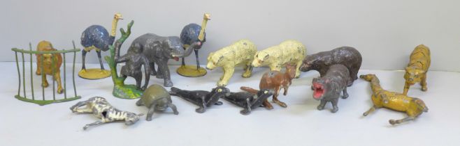 Sixteen cold painted lead toy animal figures, two marked J. Hill & Co and Johillco, four a/f