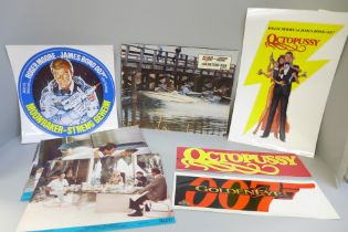 James Bond promotional item; stickers for Moonraker, Octopussy and lobby cards, etc.