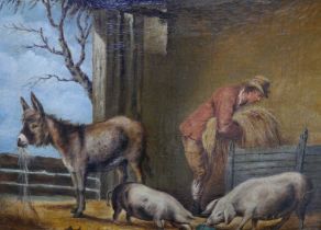 English School (19th Century), interior barn scene with a farmers boy, pigs and a donkey, oil on