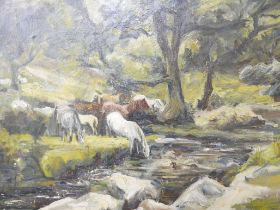 Modern British School, landscape with horses at a river watering, oil on canvas, unsigned, 51 x