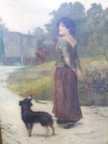 Bernard Cobb (fl. late 19th Century), portrait of a gypsy lady and dog on a country lane with