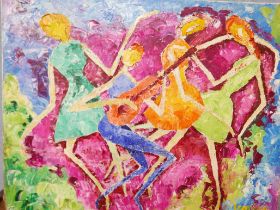 French Modernist School, jazz musician and dancers, mixed media, indistinctly signed, 50 x 61cms,