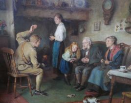 English School (early 20th Century), interior cottage scene with a British WWI soldier and family,
