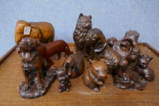 Assorted carved wood figures of animals