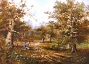 English School (19th Century), rural landscape with figures and an artist painting on a woodland