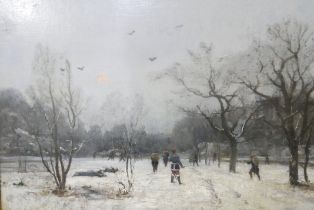 Charles Felix Edouard Deshayes (French 1831-1895), Impressionist winter landscape with figures in