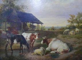 Attributed to Thomas Sidney Cooper R.A. (1803-1902), farmyard scene with cattle and sheep resting,