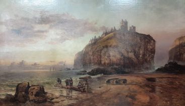 Scottish School (19th Century), figues on a beach with Dunnottar Castle in the distance, oil on