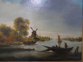 Dutch School (19th Century), river landscape with a windmill and boats, oil on canvas, 36 x 49cms,