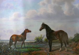 David Ronald (20th Century), rural landscape with a horse and mare in a field, oil on board,