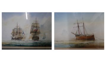 D.C. Bell (20th Century), Napoleonic Naval battle scene, watercolour, 33 x 50cms and a coastal scene