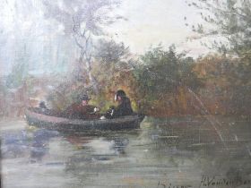 French Impressionist School, landscape with figures rowing a boat on a lake, oil on board,