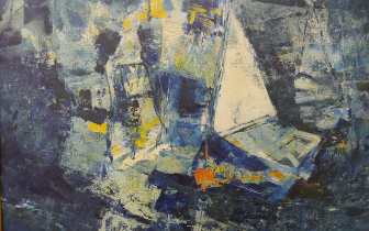 Tony Giles (1925-1994), abstract marine landscape with a yacht, oil on board, signed lower right, 50