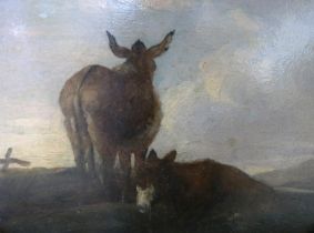 English School (19th Century), oval rural landscape with donkeys at sunset, oil on copper, 18 x