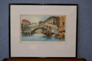 A signed R.H. Smallridge colour etching, The Rialto, Venice, 24 x 39cms, framed