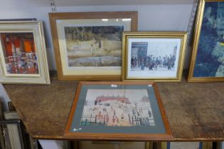 Two L.S. Lowry prints and a Sir William Russell Flint print, all framed