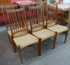 A set of six Danish Mogens Kold teak and cord seated dining chairs, designe by Arne Hovmand Olsen