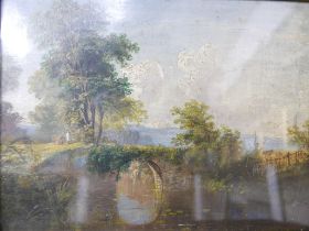 English School (19th Century), rural landscape with figures by a bridge over a stream ,oil on