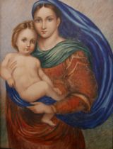 Italian School, portrait of Madonna and Child, after Raphael, watercolour, 23 x 16cms, gilt